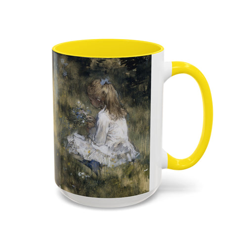 A Girl with Flowers Accent Coffee Mug | Vintage Nature Art, John Muir Quote