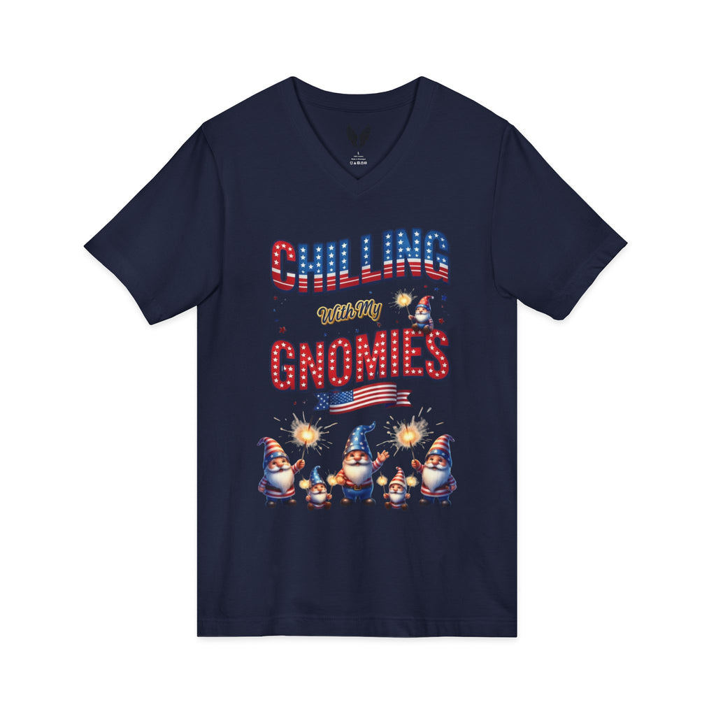 Patriotic Gnomes V-Neck Tee – 'Chilling with My Gnomies' 4th of July Shirt