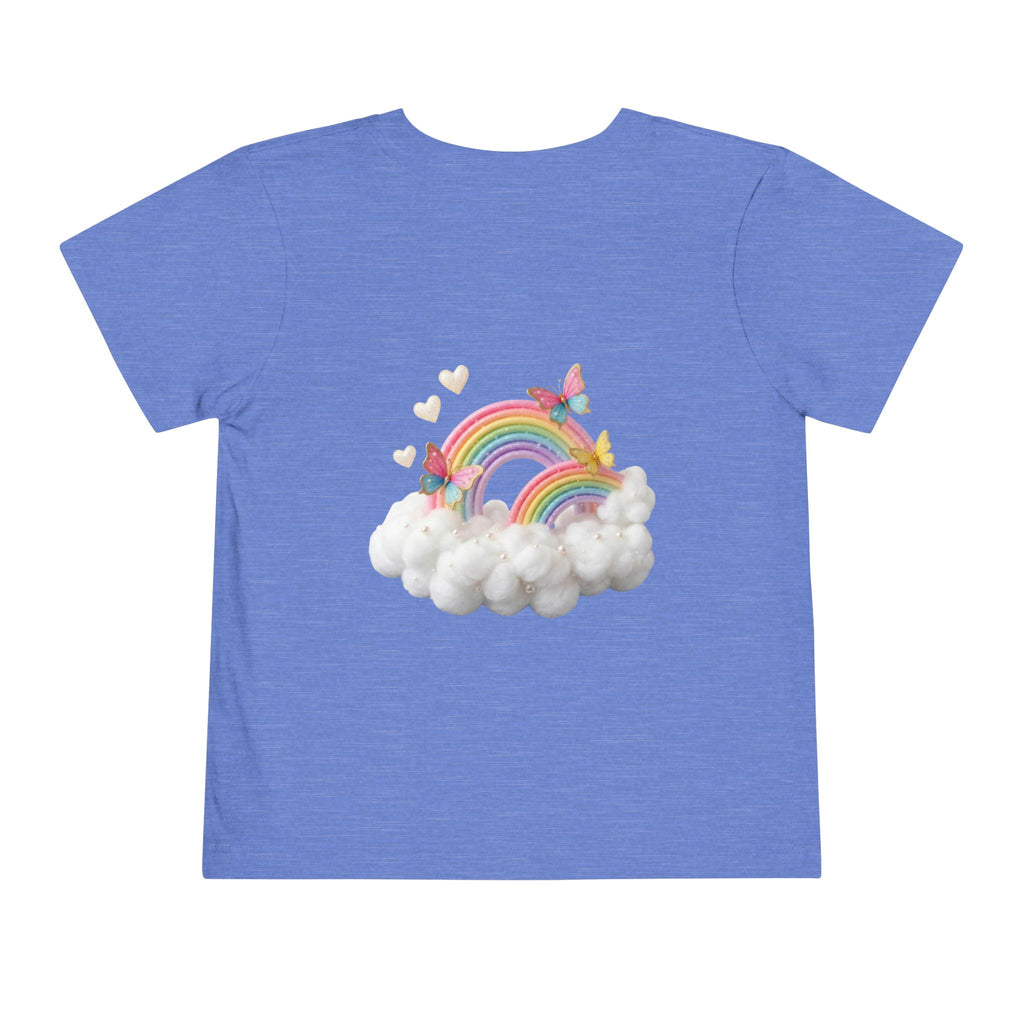 Ballet Unicorn Toddler Tee | Cute Pink Unicorn Dancing with Hearts, Double Rainbow and Clouds on Back