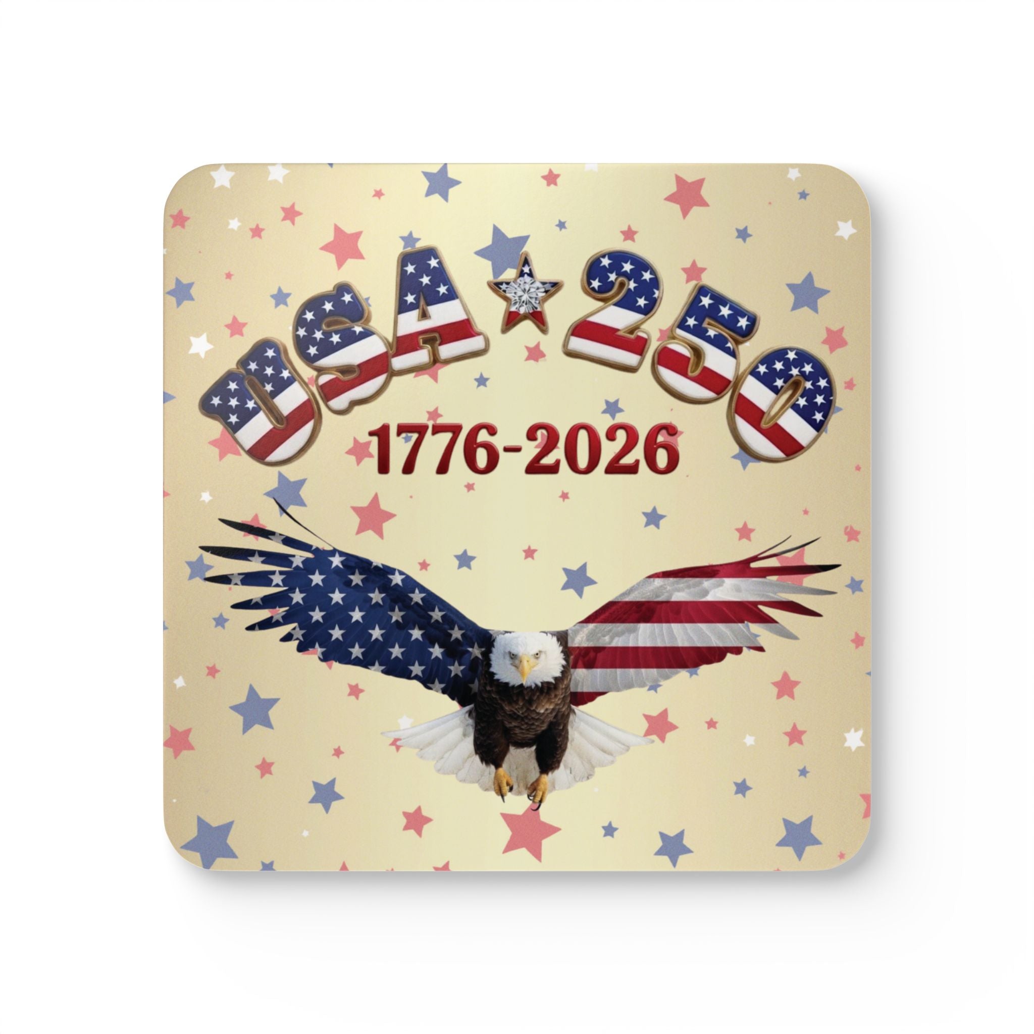 USA 250 Tribute Eagle and American Flag Coasters, Corkwood Coasters, Set of 4 | 1776-2026, red design