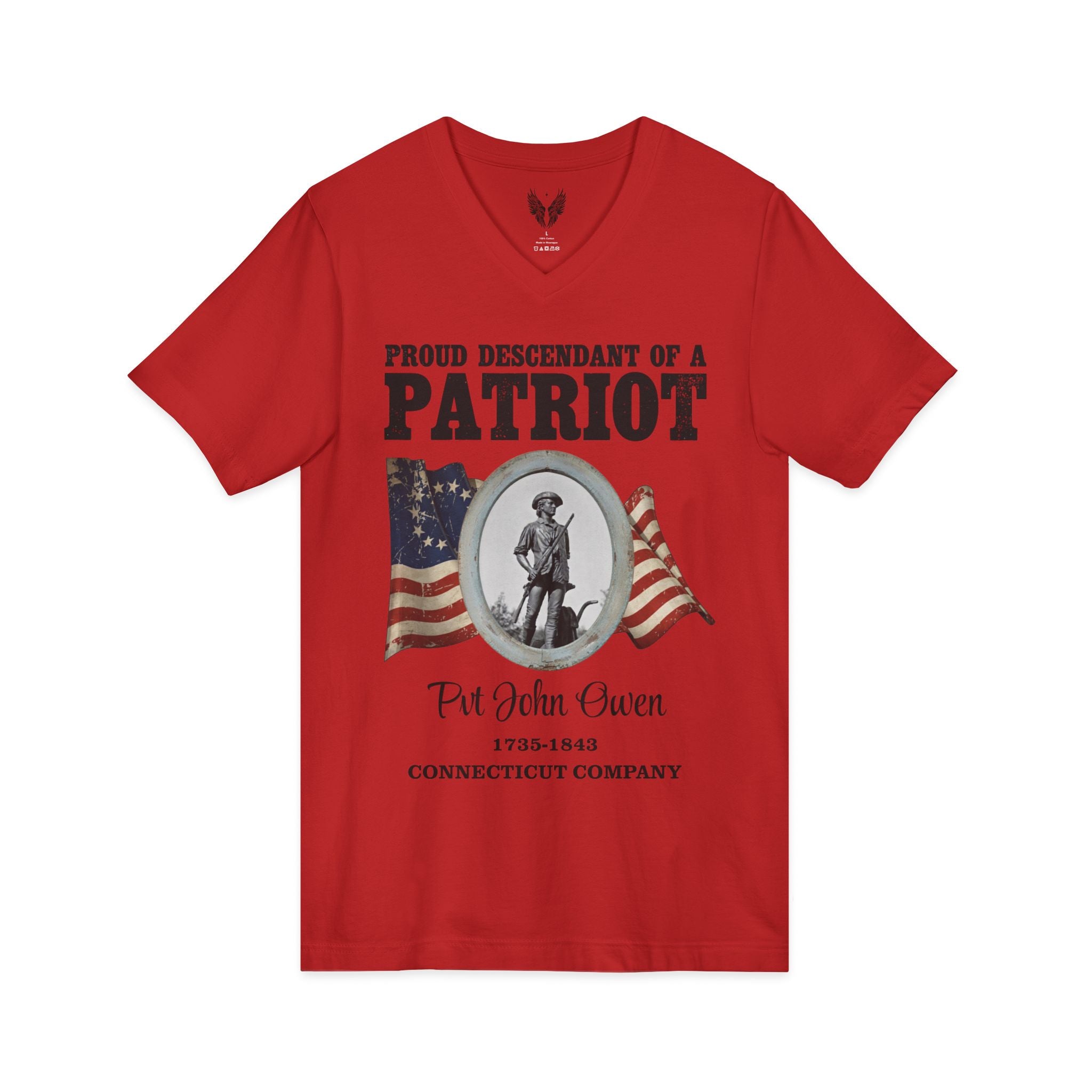 Patriot Ancestor V-Neck Tee — "Proud Descendant of a Patriot" Historical Tribute Shirt | Personalized