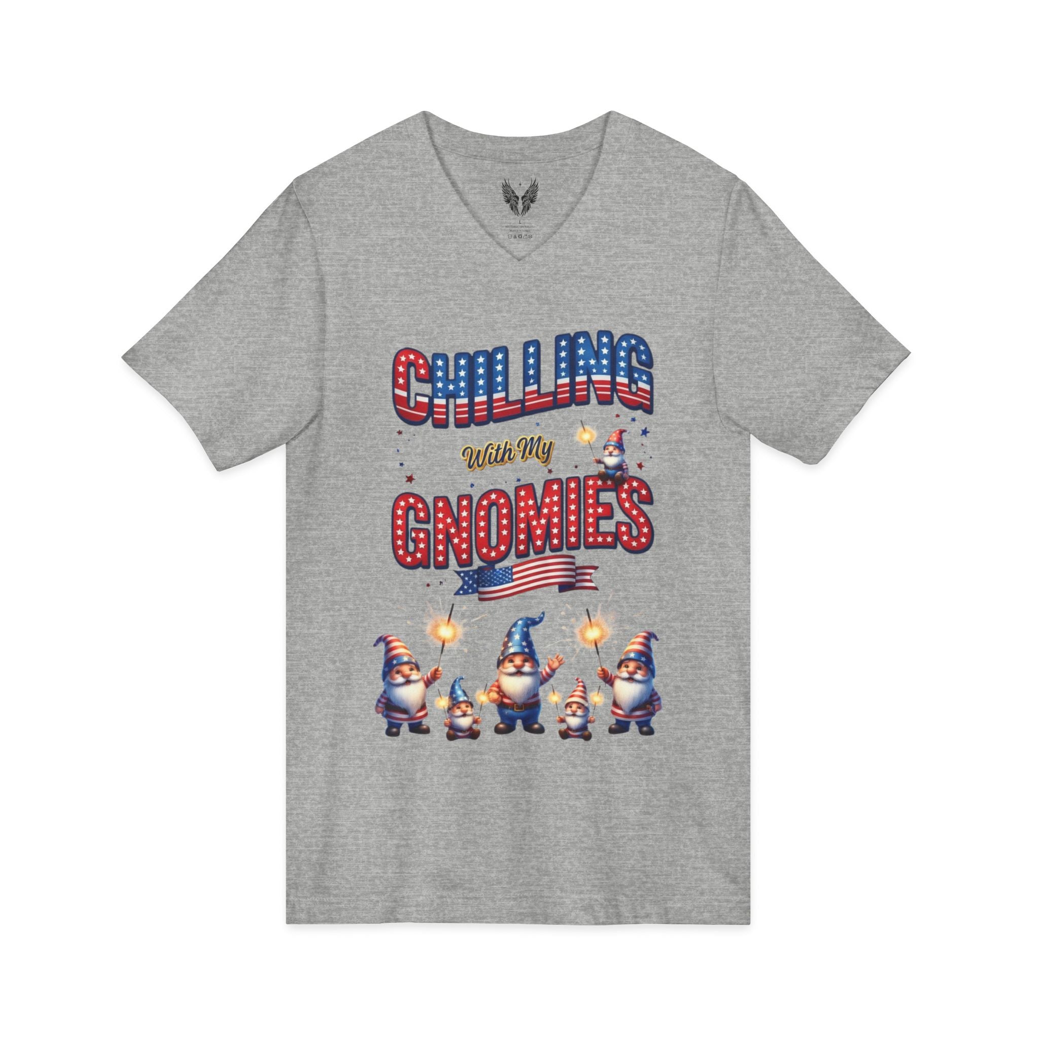 Patriotic Gnomes V-Neck Tee – 'Chilling with My Gnomies' 4th of July Shirt