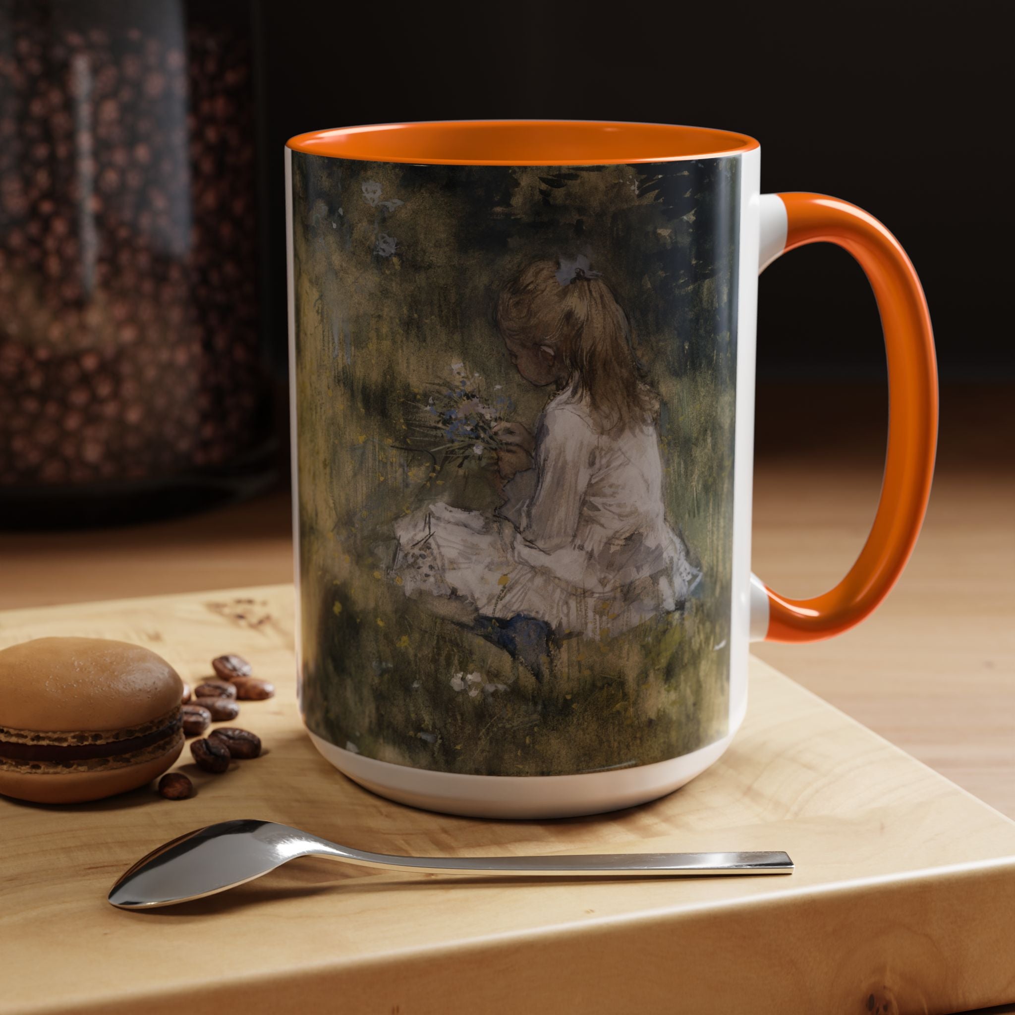 A Girl with Flowers Accent Coffee Mug | Vintage Nature Art, John Muir Quote