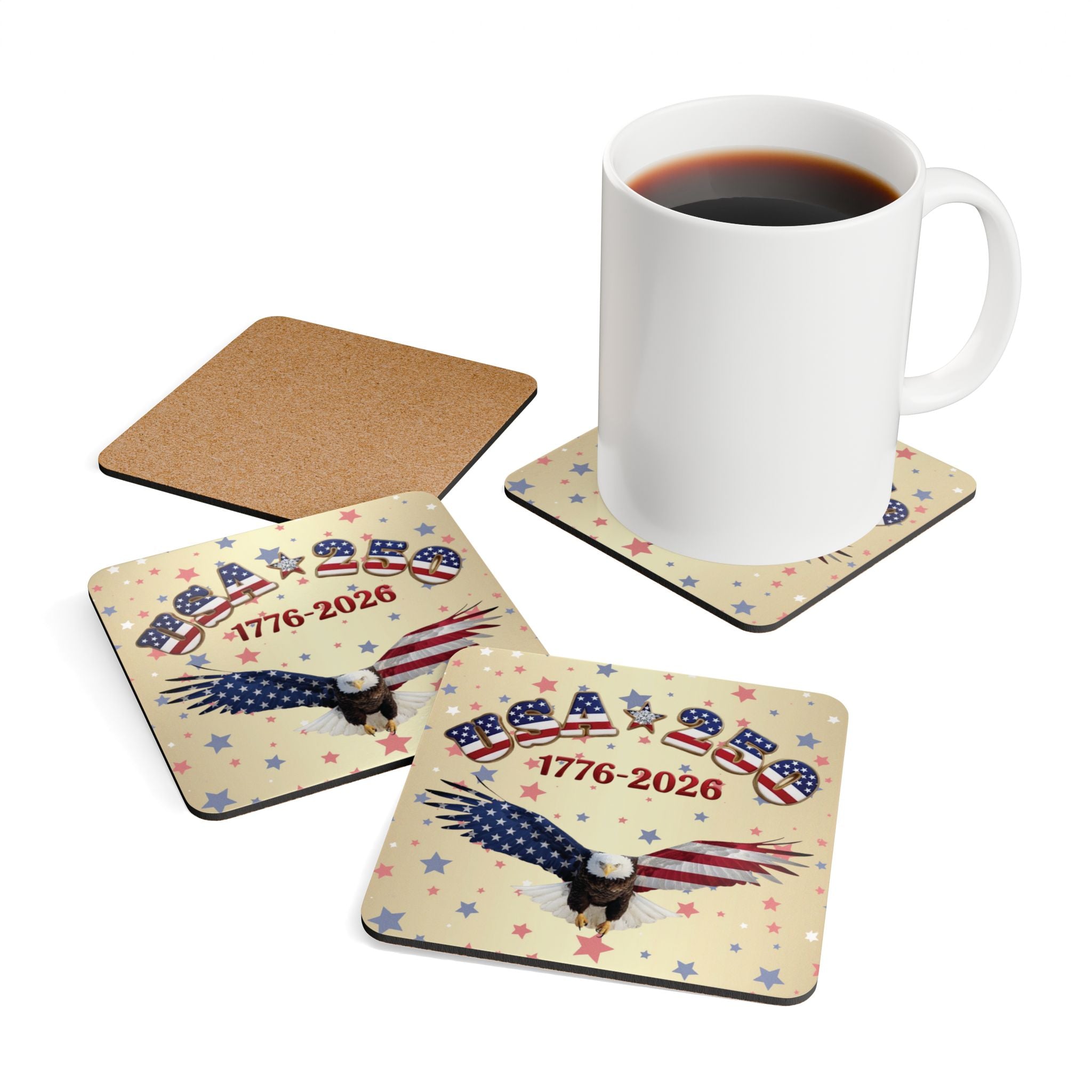 USA 250 Tribute Eagle and American Flag Coasters, Corkwood Coasters, Set of 4 | 1776-2026, red design
