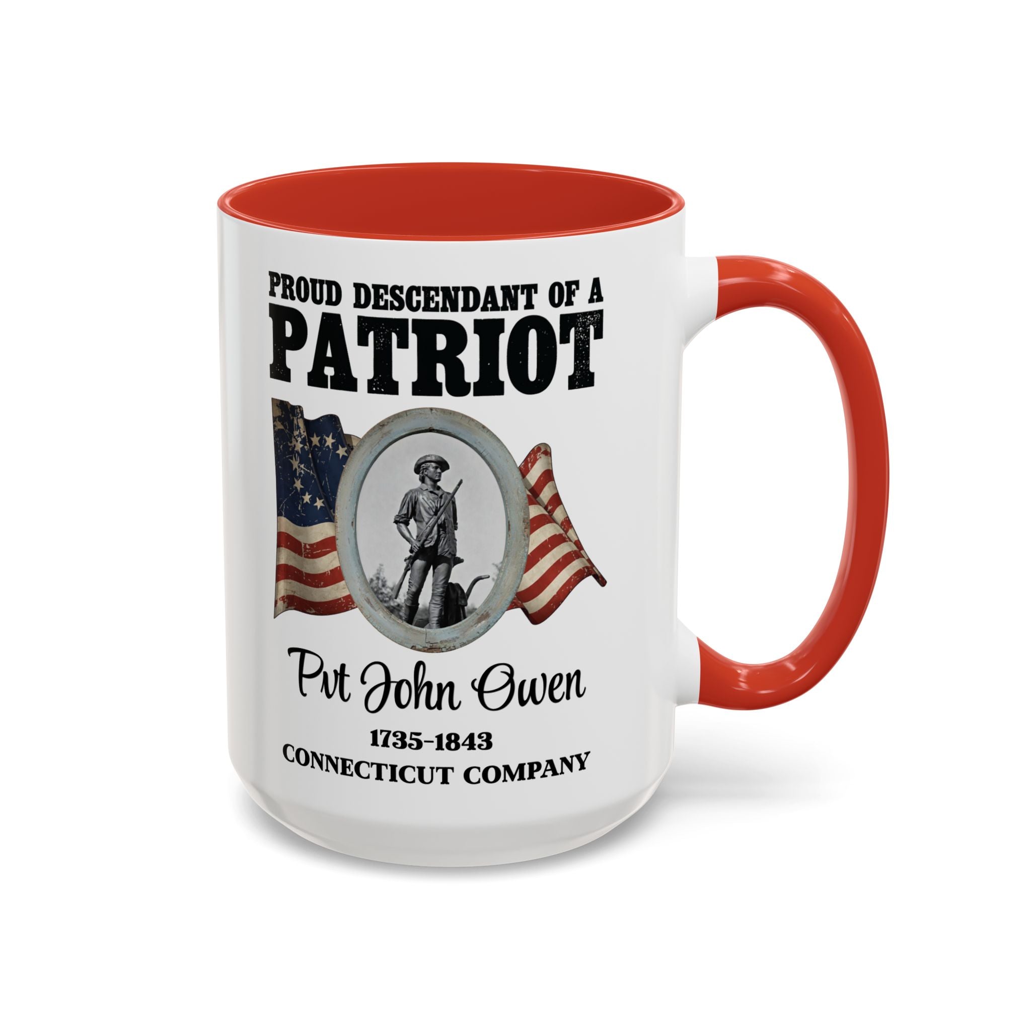 OWENS FAMILY with authentic obituary - Proud Descendant of a Patriot 15 oz mug | Revolutionary Soldier, American Flag