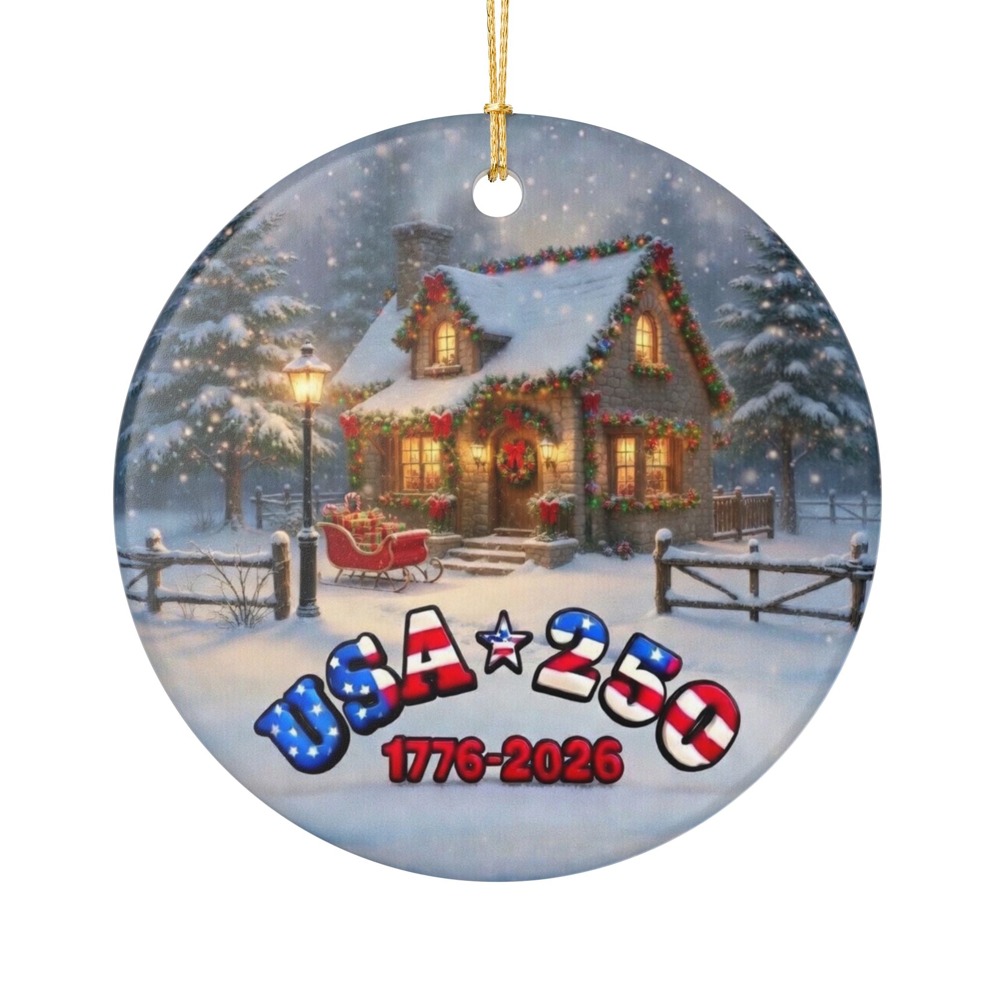 USA 250 Tribute Ceramic Ornament | Cozy Cottage and Sleigh Semi-quincentennial Holiday Décor