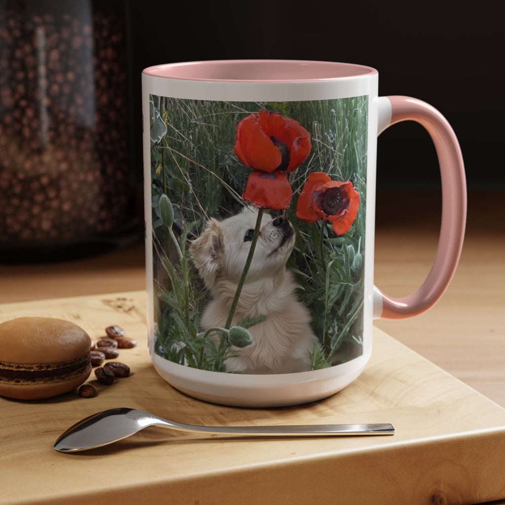 Puppy Smelling the Flowers 15 oz Gratitude Mug | With quote from "Auguries of Innocence", William Blake