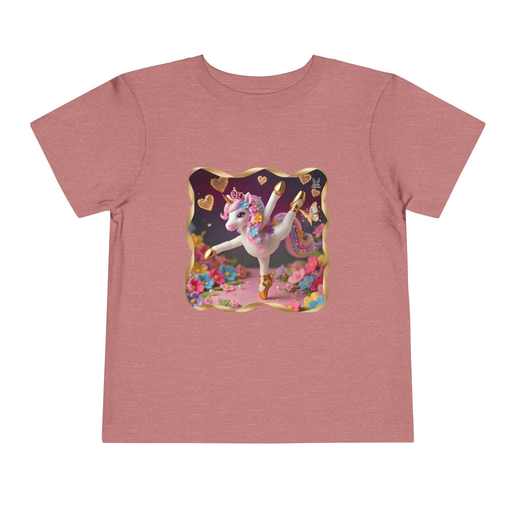 Ballet Unicorn Toddler Tee | Cute Pink Unicorn Dancing with Hearts, Double Rainbow and Clouds on Back
