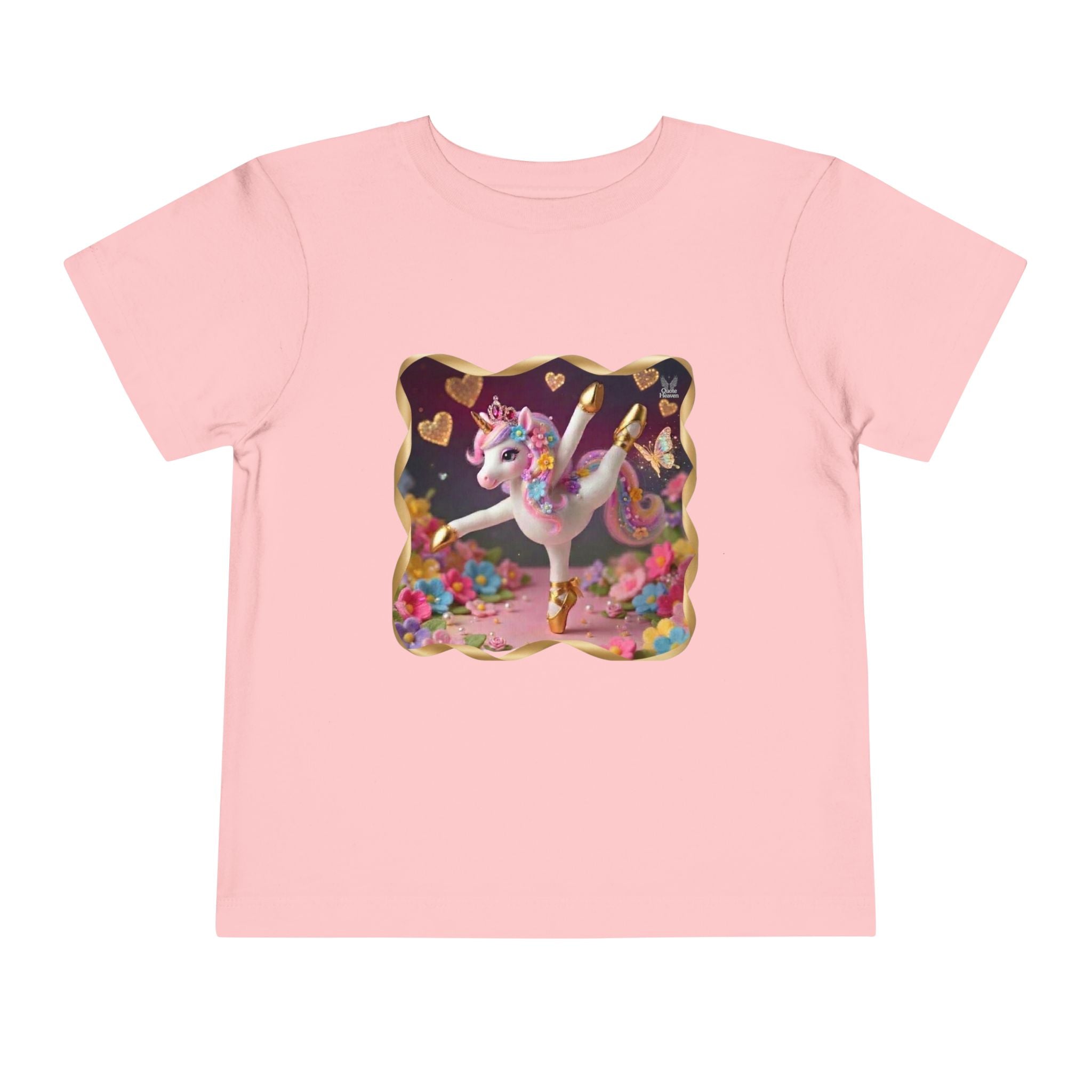 Ballet Unicorn Toddler Tee | Cute Pink Unicorn Dancing with Hearts, Double Rainbow and Clouds on Back
