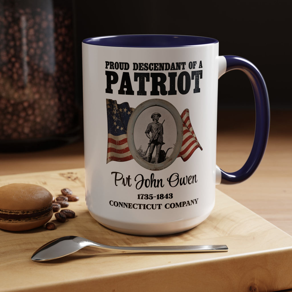 Descendant of a Patriot Coffee Mug (15oz) Vintage Minute Man Statue, Betsy Ross Flag, Personalize