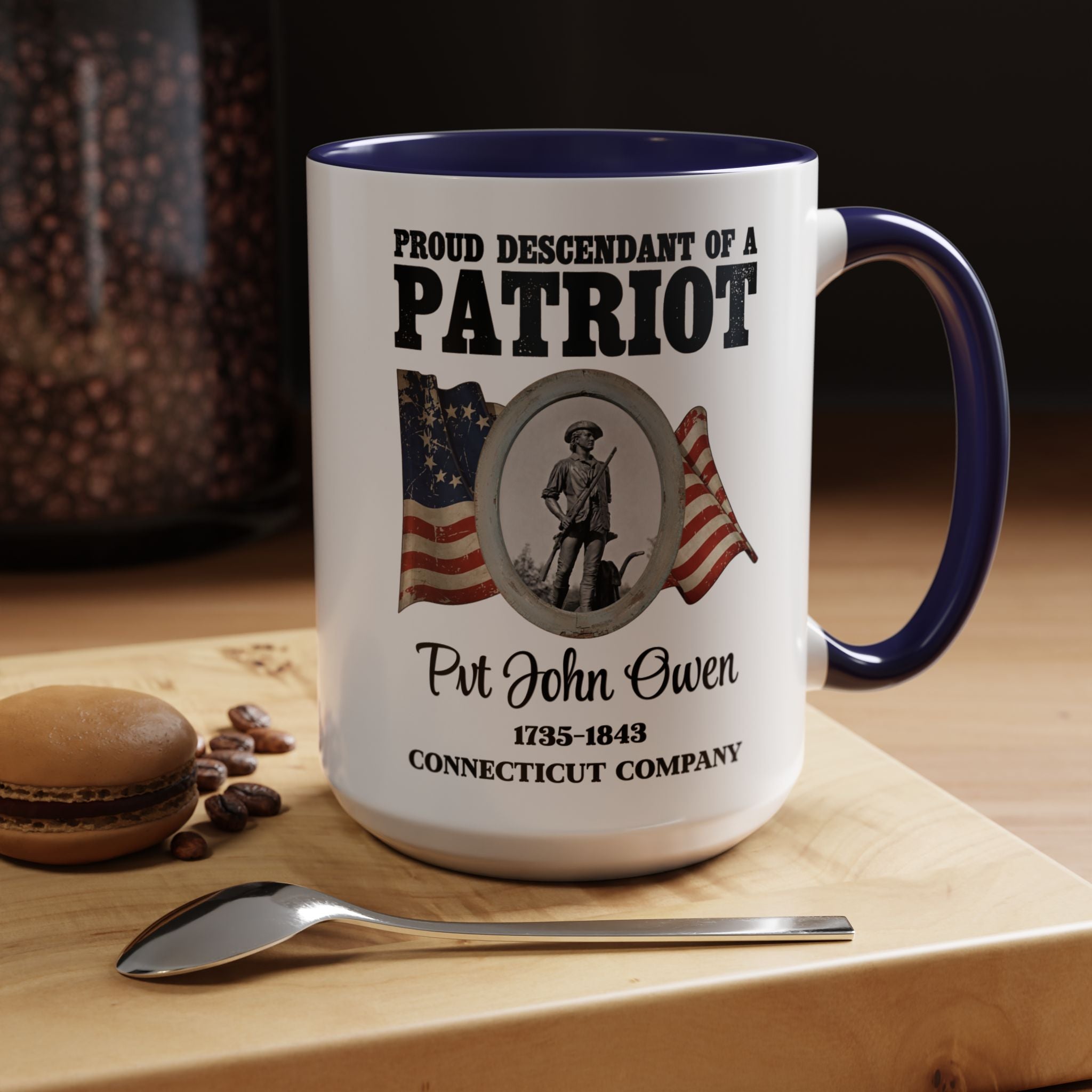 Descendant of a Patriot Coffee Mug (15oz) Vintage Minute Man Statue, Betsy Ross Flag, Personalize