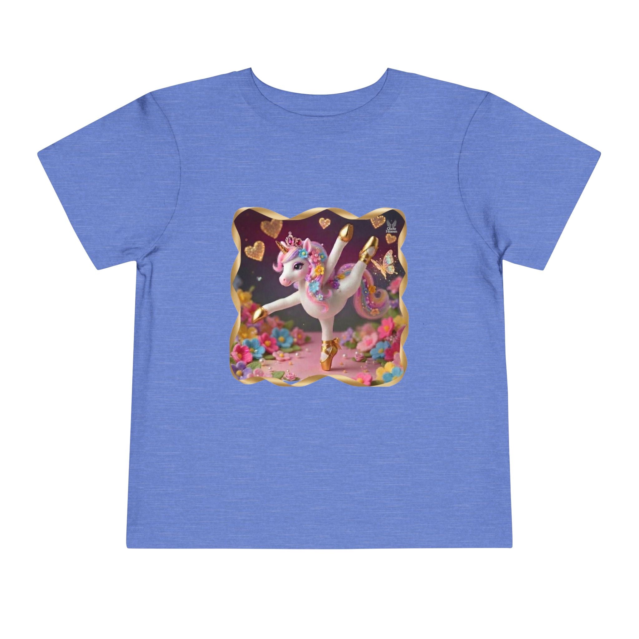 Ballet Unicorn Toddler Tee | Cute Pink Unicorn Dancing with Hearts, Double Rainbow and Clouds on Back