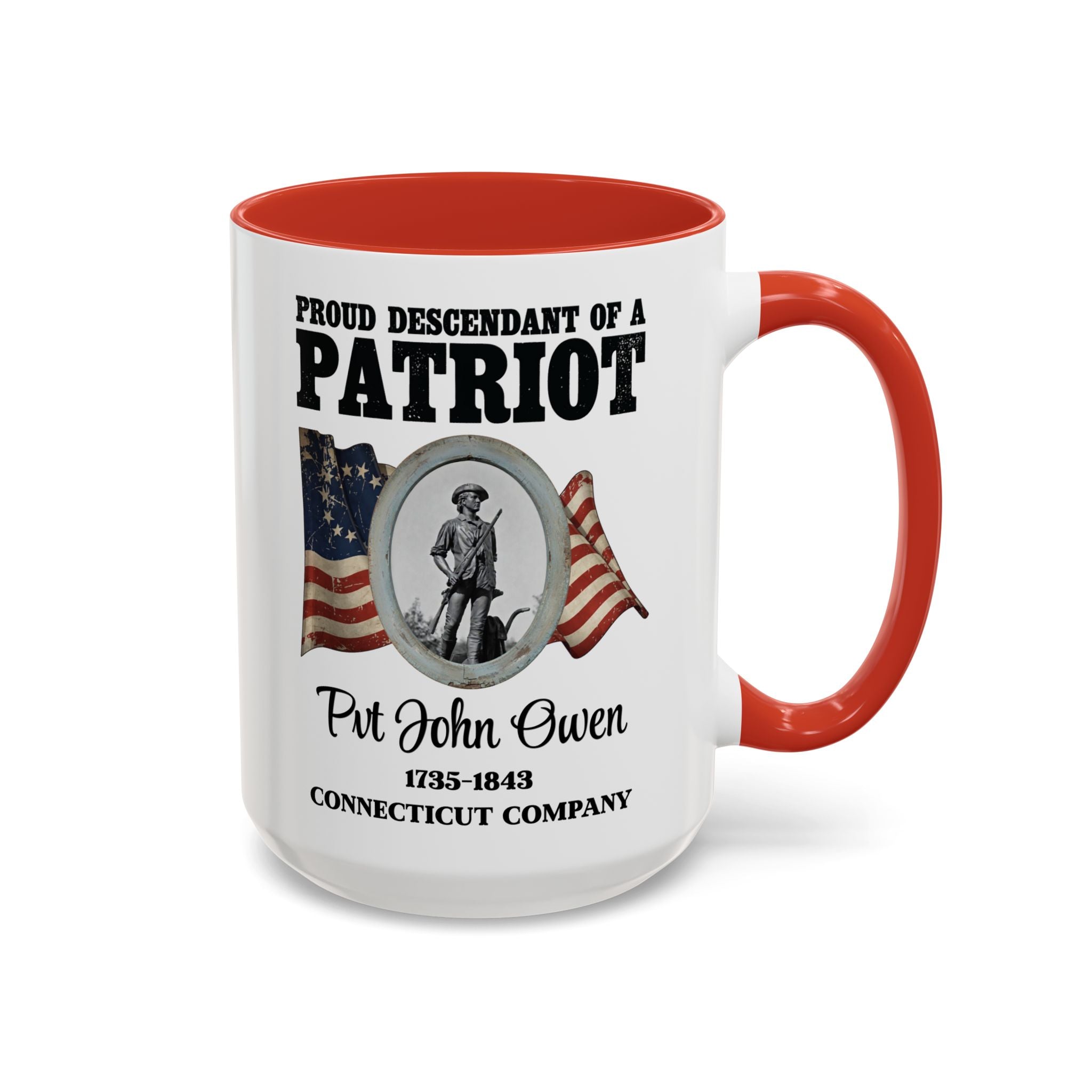 Descendant of a Patriot Coffee Mug (15oz) Vintage Minute Man Statue, Betsy Ross Flag, Personalize
