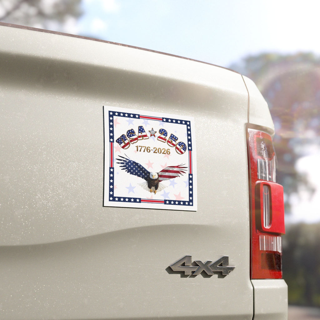 USA 250 Tribute Eagle Car Magnet | 1776-2026 American Flag Design, Square decal for car, gold