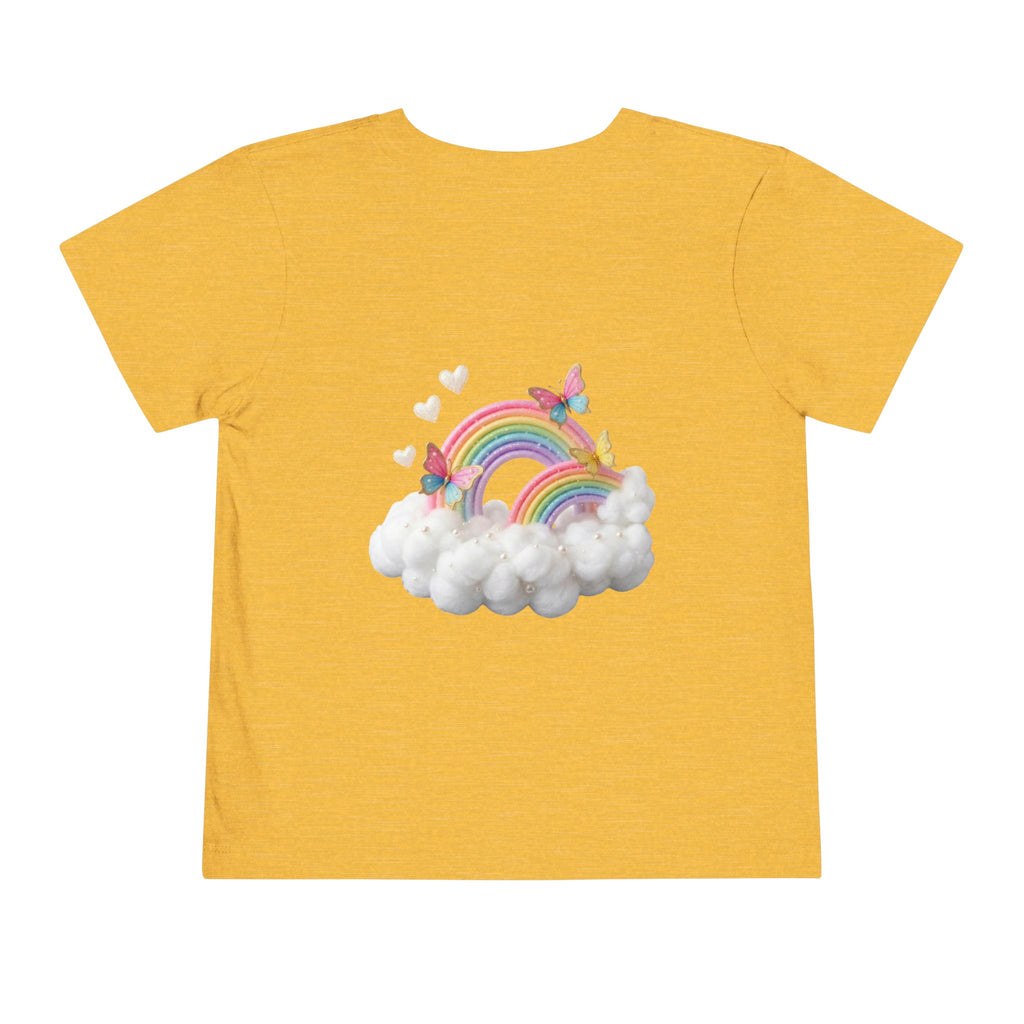 Ballet Unicorn Toddler Tee | Cute Pink Unicorn Dancing with Hearts, Double Rainbow and Clouds on Back