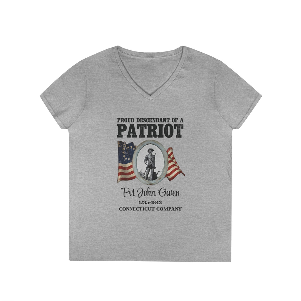 Descendant of a Patriot Ladies V-Neck T-Shirt | Vintage Minute Man Statue, Betsy Ross Flag, Personalized Ancestor Info