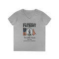 Descendant of a Patriot Ladies V-Neck T-Shirt | Vintage Minute Man Statue, Betsy Ross Flag, Personalized Ancestor Info