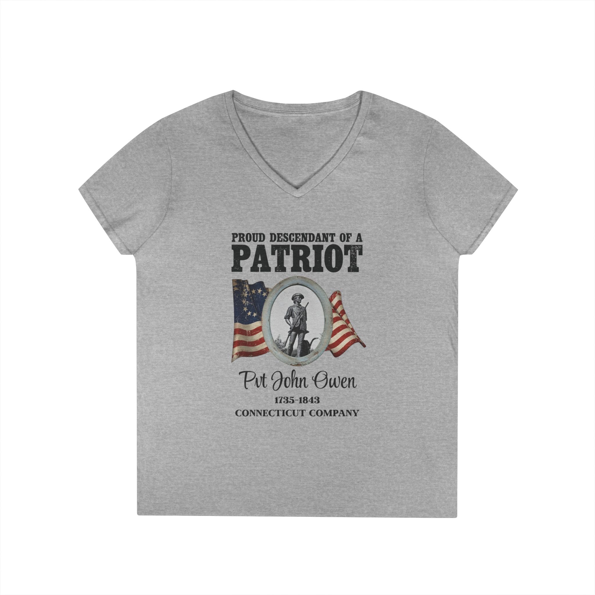 Descendant of a Patriot Ladies V-Neck T-Shirt | Vintage Minute Man Statue, Betsy Ross Flag, Personalized Ancestor Info
