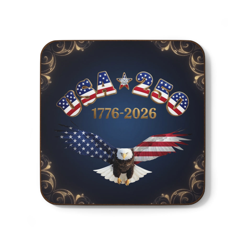 USA 250 Bald Eagle Flag Coaster, Hardboard - 1776-2026 Commemorative, gold
